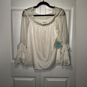 CeCe Women's Sparkly Cream Off the Shoulder Stretchy Top with Ruffle Sleeves